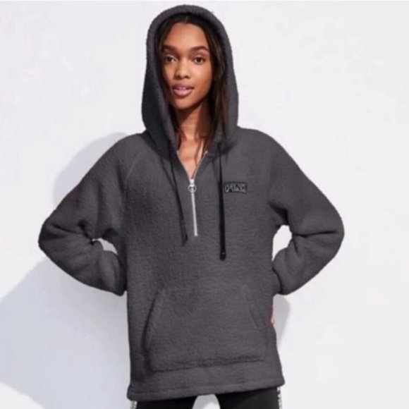PINK Victoria's Secret Tops - PINK Grey Sherpa Victoria’s Secret Hooded Pullover 1/4 Zip